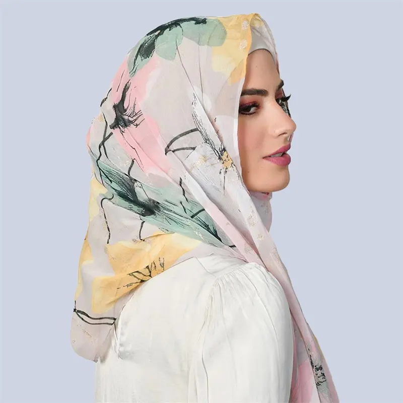 Op Maat Bedrukt Katoen Chiffon Foulard Hijabs Moslim Vrouwen Accessoires Clip Capital Veil Musulman Sjaal