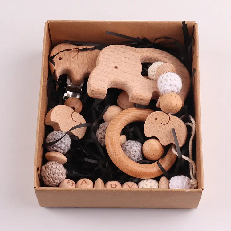 Großhandel Baby Holz Perlen Leinen Baumwolle Häkeln Schnuller Clip Kette Set Beißring Spielzeug Mit Halter Silikon Lätzchen