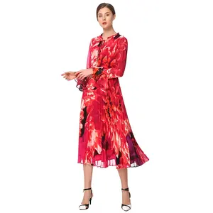 D036 Robe de jour midi plissée à manches longues en mousseline de soie imprimée de fleurs pour femmes