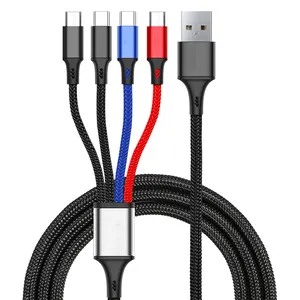 Nylon Braided Usb Fast Charging Cable Multicolor New 4 in 1 3A for Iphone for Samsung Black OPP Bag Wireless Micro Phone Support