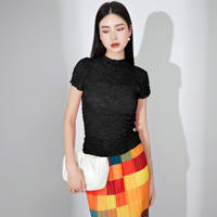 Miyake kaus setengah Turtleneck dasar wanita T-Shirt lengan pendek gaya kasual kualitas tinggi kain cetak warna Solid elegan