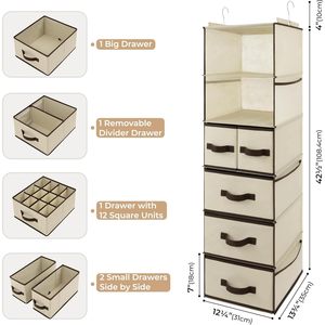 Hanging Closet Organizer <b>6</b> Shelves 5 <b>Drawers</b> <b>6</b> Pockets Fabric Storage For Bedroom Clothing Hook Type - Product Image 3