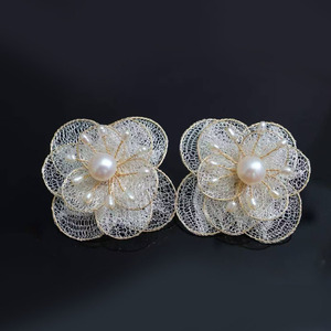 Handmade 14K Gold Filled Mesh Flower <b>Earrings</b>, Italian Craft Wire Net Floral <b>Studs</b> With Natural Freshwater Pearl party Jewelry - Product Image 3