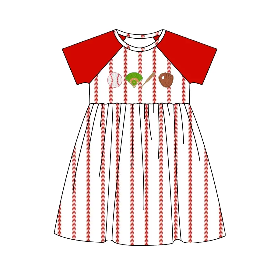 Personalizado Boutique verano lindo niños ropa vestidos béisbol impresión rojo para niñas vestidos sin mangas ropa de alta calidad