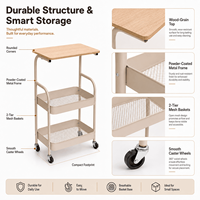 Chariot utilitaire roulant en métal à 3 niveaux avec plateau en bois et roues verrouillables pour le rangement de cuisine (vente en gros)
