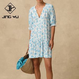 Vestido Elegante de Alta Calidad para Mujer, Estampado Playero, Cuello en V, Mangas Abullonadas Holgadas, Cintura Ajustada, 100% Rayón Voile, Mini Vestido - Product Image 2