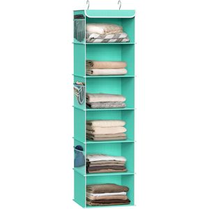 6 Shelf Hanging Closet Organizer Turquoise Fabric <b>Storage</b> For Behind Doors Or Walls Neatening Clothes - Product Image 1