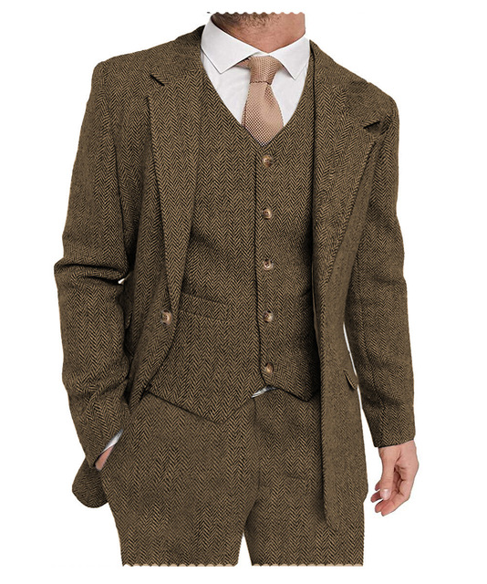 Men's Herringbone Tweed Suit Wedding Best Man Dress Suit Men