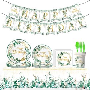 Eucalyptus Leaf Party Supplies Paper Plate Set <b>Disposable</b> Plates Cups <b>Tableware</b> Birthday Party Decorations Rustic Style - Product Image 1