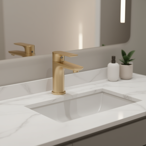 Single Handle Lavatory Basin Faucet <b>Brushed</b> Gold 4 Inch Centerset Ceramic Valve Modern Design <b>Deck</b> Mounted - Product Image 2