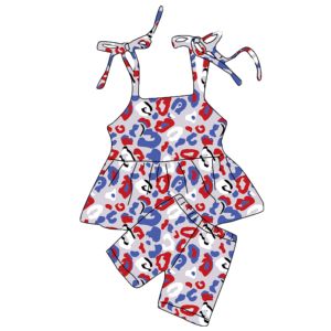 Vente en gros usine : Ensembles de vêtements pour bébés filles, style anglais, imprimé léopard, antibactériens, comprenant short, combinaison à bretelles et combinaison à volants - Product Image 5
