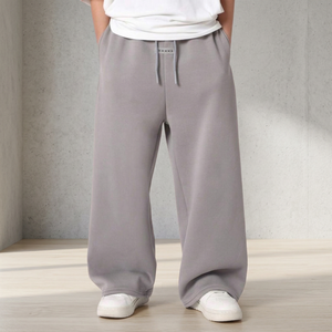 Pantalones Deportivos Anchos Grises, Corte Holgado, Cintura con Cordón, Pantalones Casuales para Correr, Unisex, Largos, Color Sólido, Material de Felpa - Product Image 2