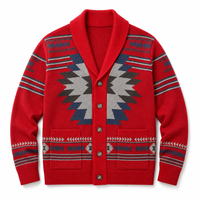 Cardigan pour homme en maille jacquard géométrique aztèque occidental, col châle, boutonné, chaud, avec poches, vente en gros OEM