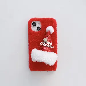 Yeni varış moda Merry Christmas kış sıcak 3D peluş sevimli Santa şapka karikatür telefon iPhone için kılıf 14 mobil kapak