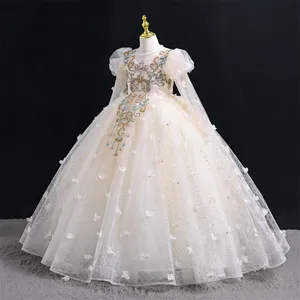 OEM/ODM gadis balita payet mutiara bordir Tulle gaun pesta gaun putri pengiring pengantin bunga gaun perempuan