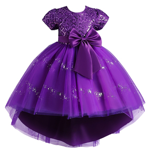 Robes à fleurs de style européen pour filles de 10 ans, robe de mariée brillante pour fille avec un grand nœud, robe de mariée à longue traîne à paillettes - Product Image 2