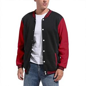 Men's Varsity Jacket <b>Black</b> Red Sleeve Baseball Style Casual Outerwear Turn-down Collar Button Closure Polyester Cotton <b>Fleece</b> - Product Image 1