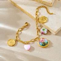Ensemble de bijoux en acier inoxydable pour femmes, plaque ronde en émail rétro filigranée plaquée or raffiné, motif papillon, bracelet, collier