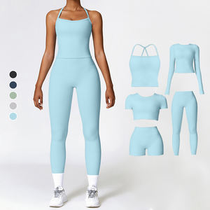 Juego de 5 sujetadores transpirables para mujer que absorben la humedad y pantalones acampanados estiramiento de cuatro vías Fitness al aire libre ropa de Yoga de cintura alta - Product Image 1