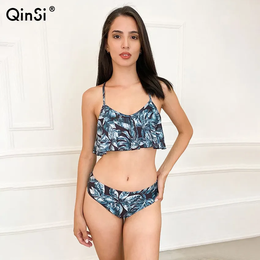 Qosi 2024 Set Bikini seksi pinggang tinggi gambar hitam pakaian renang wanita baju renang Bikini Push Up baju renang Bikini wanita pakaian mandi