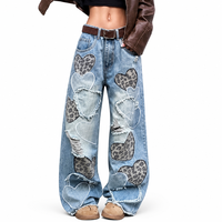 Jeans Anchos con Parche de Corazón de Leopardo, Estilo Y2K, para Mujer, Estética de los 90, Azul Claro Lavado, Holgados