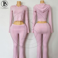 Set Olahraga Yoga Wanita dengan Logo Kustom Produsen, Jaket Resleting, Celana Flare Legging, Set 2 Potong, Tracksuit Wanita