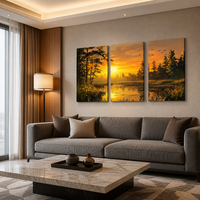 Impression sur toile polyester, ensemble de 3 pièces, 40x50, paysage de lacs et de forêts au coucher du soleil, triptyque moderne, art mural pour la décoration d'hôtels et d'appartements
