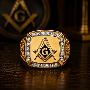 Bague maçonnique JLM de luxe en acier inoxydable plaqué or avec pierres CZ, bague signet vintage pour homme, symbole Illuminati - Product Image 2