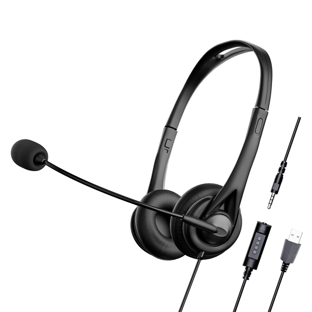 USB 3.5mm Jack Plug-and-Play Computer Headset with Noise Canceling ANC Mic Swivel Boom Mic Headphones Controls for Call Center