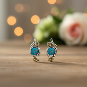 Orecchini Pendenti in Argento Tibetano con Turchese, Montatura a Castone, Stile Bohemien da Donna, Gioielli Regalo in Lega Placcata Argento - Product Image 2