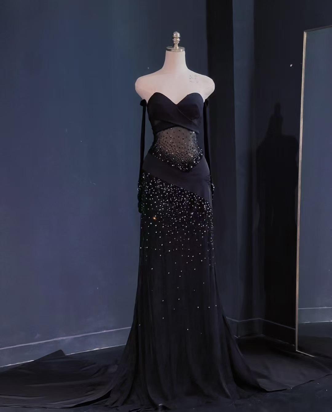 white christmas dresses Ieena for Mac Duggal - Black Belted Floral Print Illusion Long Sleeve Gown