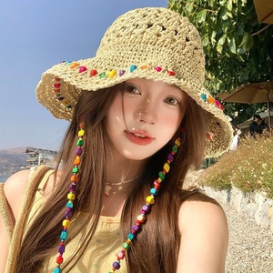 หมวกชาวประมงประดับลูกปัดโดปามีน หมวกปีกกว้างสำหรับผู้หญิง ป้องกันแสงแดด หมวกฟางสไตล์ Y2K หมวกชายหาดฤดูร้อน สีขาวงาช้าง - Product Image 2