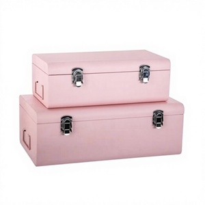 Ensemble de boîtes de rangement rectangulaires en métal rose moderne avec fermeture à charnière, design empilable pour articles divers, style minimaliste - Product Image 1