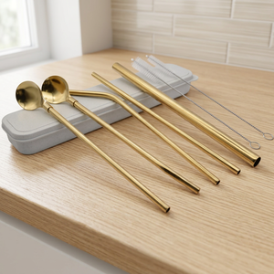 Ensemble de 5 pailles réutilisables en métal doré avec cuillère et nettoyeur, accessoires minimalistes pour bar à cocktails - Product Image 4