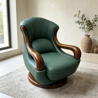 Fauteuil pivotant en cuir vert avec accoudoirs en bois massif courbé, fauteuil de relaxation individuel pour mobilier de bureau de luxe à domicile