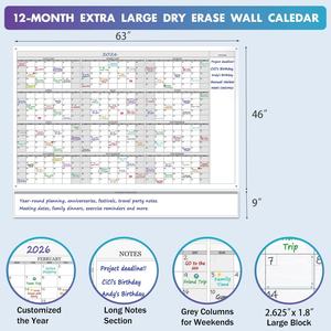 <span class=keywords><strong>Calendrier</strong></span> mural effaçable à sec Jumbo, 12 mois, laminé, 46x63 pouces, planificateur familial, non daté, réutilisable - Product Image 3