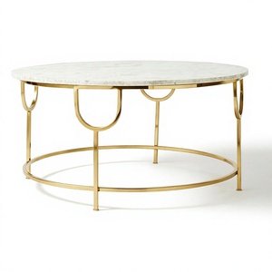 Amson Brass Modern Round Coffee Table with Gold Metal <b>Frame</b> and <b>White</b> Marble Top Large Accent Table - Product Image 1