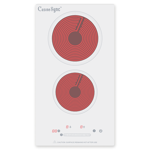 Table de cuisson vitrocéramique électrique Cusine Sync 2 brûleurs 3000W avec commande tactile intégrée, surface lisse blanche - Product Image 1