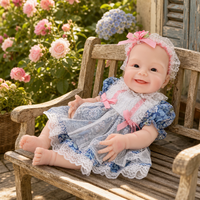 Poupée Reborn souriante de 16 pouces en silicone intégral avec bandeau floral rose et robe en dentelle florale bleue pour jeu d'imitation
