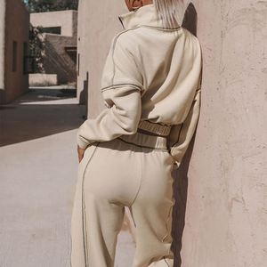 Fast Logo Custom Women Fashion Crop Hoodies Sets Otoño Rayas Cremallera Cuello alto Sudadera y Jogger Sets - Product Image 2