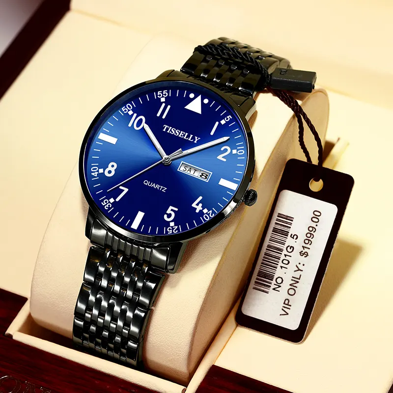 TISSELLY T018 럭셔리 브랜드 날짜 빛나는 메쉬 밴드 클래식 미니멀리스트 비즈니스 남성 석영 손목 시계