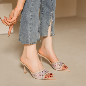 New Fine Rhinester High Slippers Pointed Open Toe High-heeled Sandals - Product Image 5