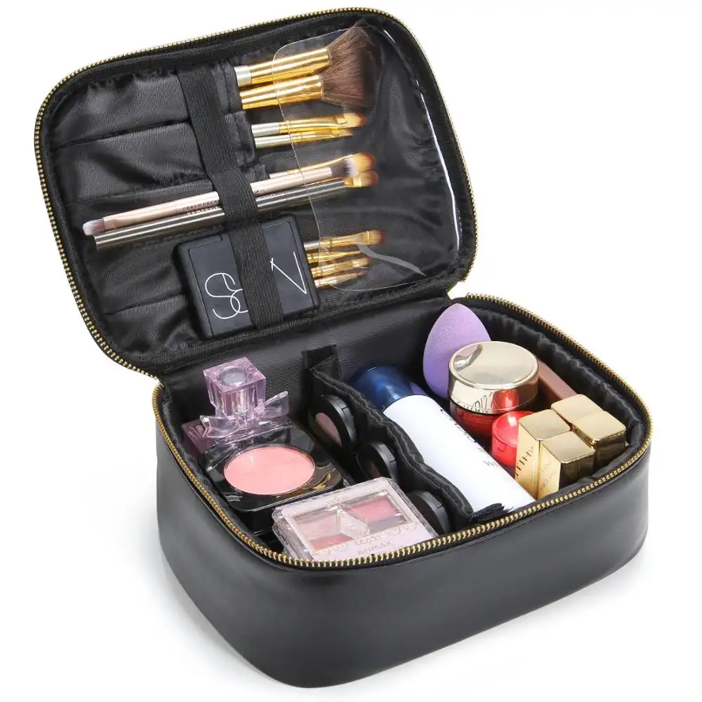 Grote PU Leather Make Trein met Verstelbare Verdelers Travel Toilettas Cosmetische Organizer met Borstel Houders, Zwart