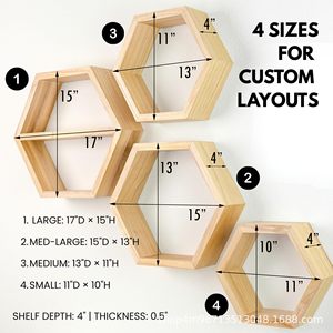 Wooden Hexagonal Wall <b>Shelf</b> Set Of Four Geometric Storage For Living Room And <b>Bedroom</b> Decoration - Product Image 2