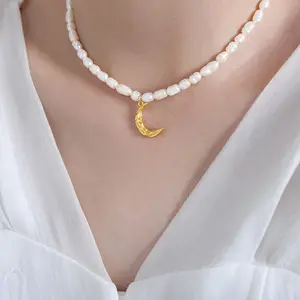 Luxury Romantic Charm Natural Fresh Water Pearl Moon Necklace 316 Stainless Steel 18K Gold Plated Waterproof Choker for Women