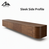 Meuble TV mural flottant moderne en bois massif finition noyer avec 4 tiroirs de rangement pour salon