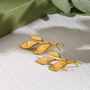 Leaf <b>Stud</b> <b>Earrings</b> 18K Gold Stainless Steel Plant Design Fashion Jewelry For Women - Product Image 3