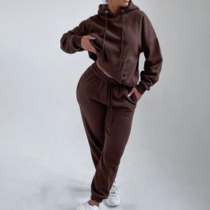 Conjunto Deportivo de Dos Piezas para Mujer, Talla Grande, Mezcla de Poliéster/Algodón Grueso, con Capucha, para Otoño/Invierno, Pantalones Deportivos Acampanados, OEM - Product Image 2