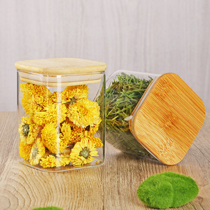Tarro de cristal cuadrado para especias de 301-500 ml con tapa hermética de madera, contenedor de almacenamiento para cocina, hierbas, té y granos. - Product Image 4