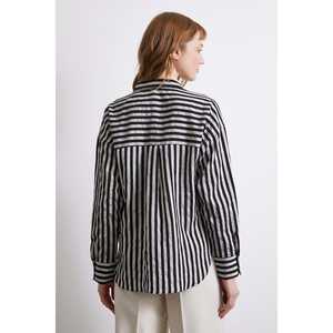 Camisa de Popelina a Rayas Múltiples para Mujer, con Diseño de Paneles, Cierre de Botones, Estilo Casual para Uso Diario, Color Gris - Product Image 1